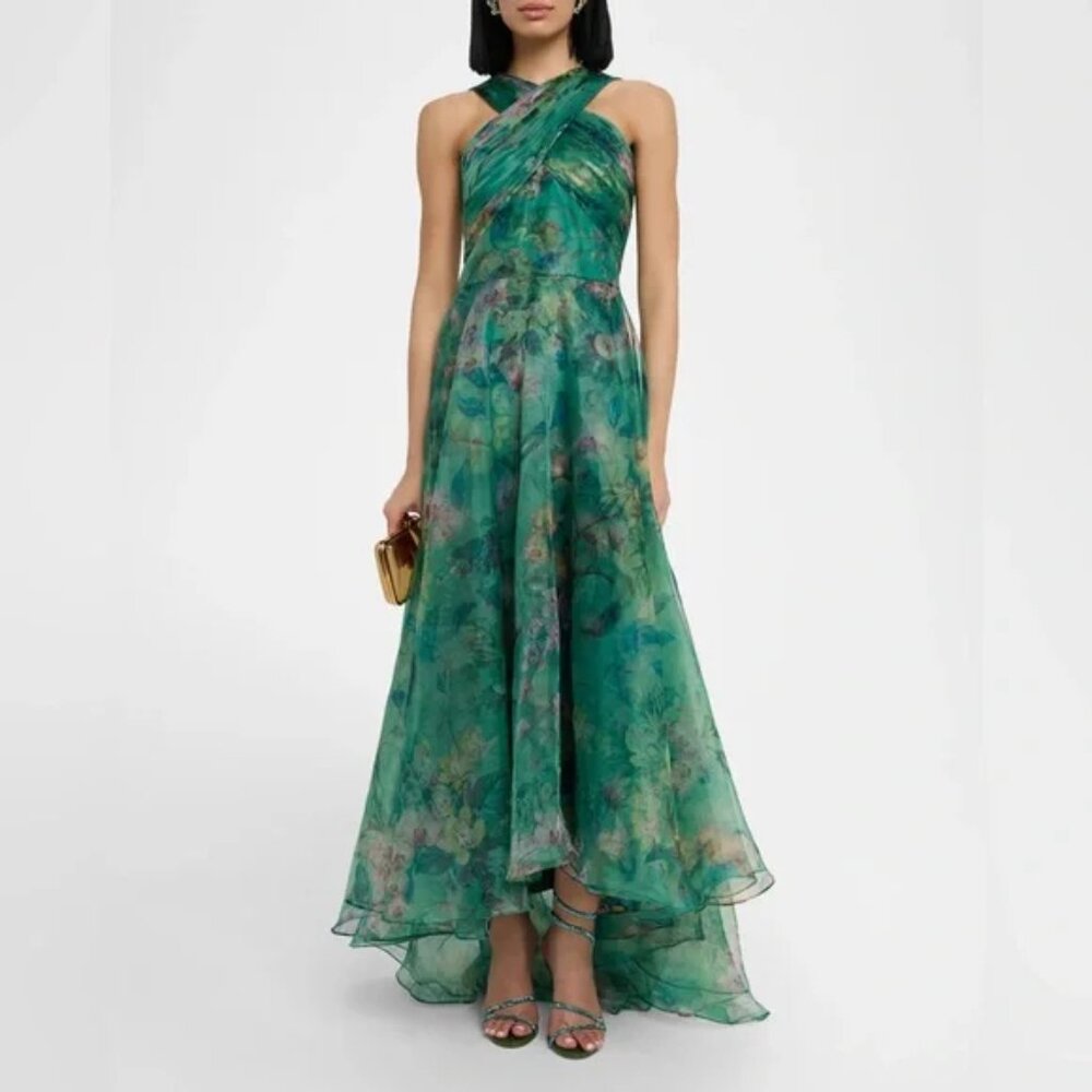 NWT Theia Luana Floral Print Organza Halter High Low Gown Lush Greenwood